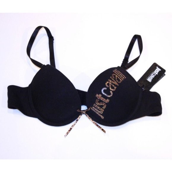 JUST CAVALLI by Roberto Cavalli PUSH-UP Padded BRA Black LEOPARD Logo & Bow 32B - Picture 2 of 2